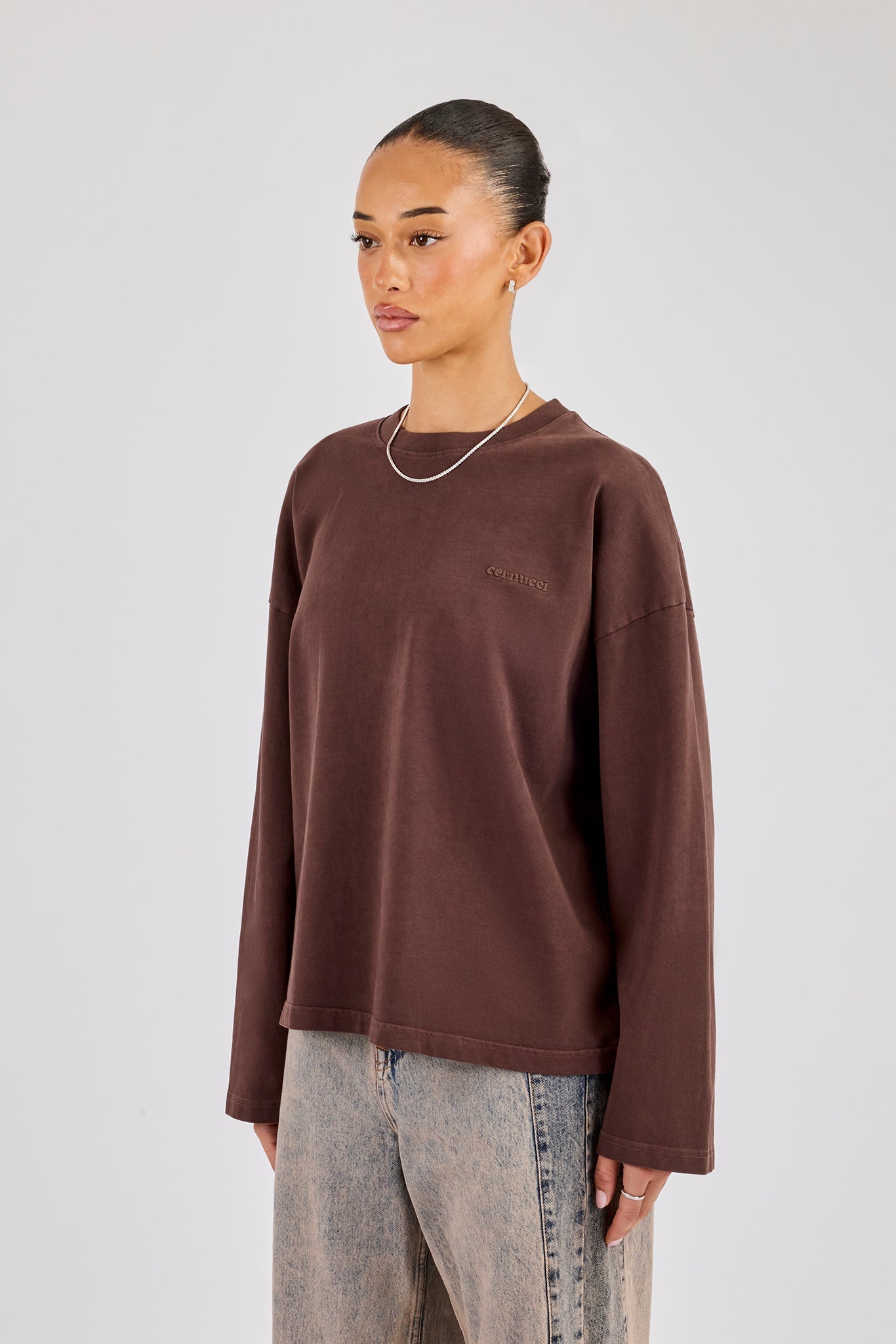 Womens Washed Long Sleeve T-Shirt - Chocolate